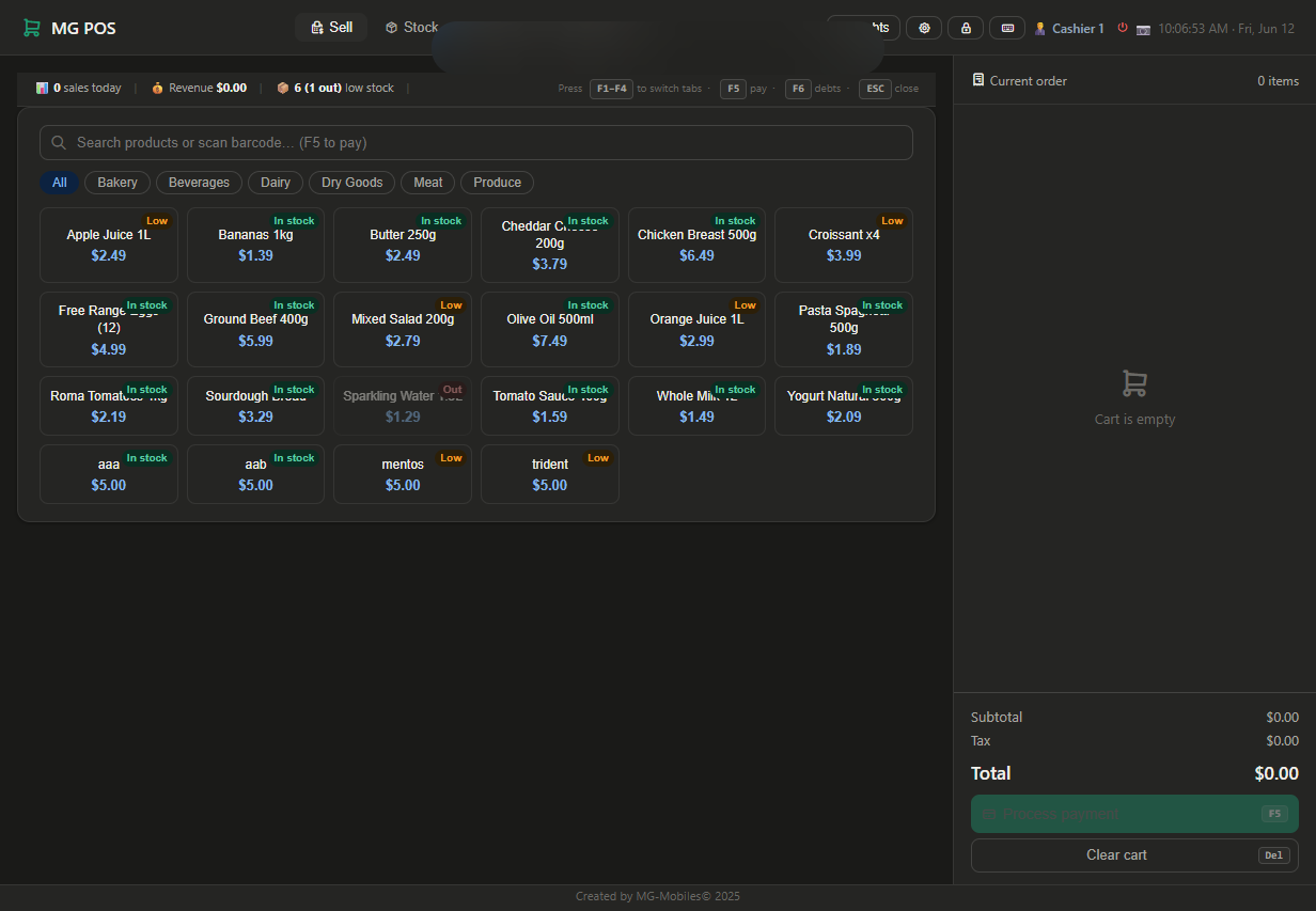 MG POS Sell screen